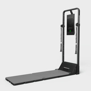 Folding pilates platform with upright frame, exercise handles and base