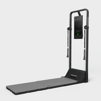 Folding pilates platform with upright frame, exercise handles and base