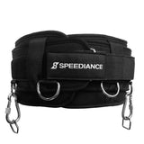 Speediance exercise belt in black fabric with logo patch, D-rings, and carabiner hooks