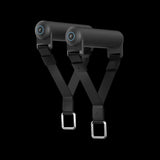 PowerGrip hitam: penyangga roller dengan butang biru R/L dan tali berkancing logam