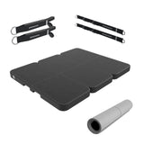Pilates set components: folding platform pads, resistance straps, rolled exercise mat