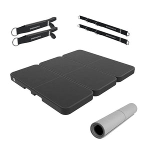 Pilates set components: folding platform pads, resistance straps, rolled exercise mat