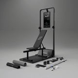 Fitness training machine with touchscreen console, adjustable incline bench, and accessory pieces