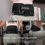 Black Speediance exercise belt with logo patch, D-rings, and chain-linked carabiners