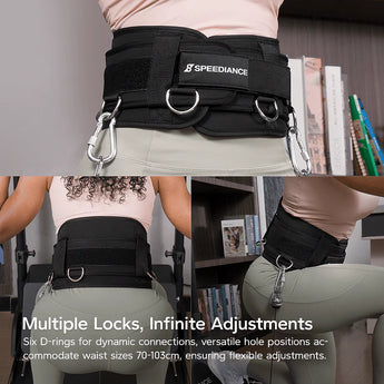 Black Speediance exercise belt with logo patch, D-rings, and chain-linked carabiners