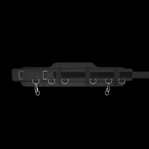 Speediance exercise belt laid out, black strap with multiple metal D-rings and hooks