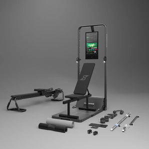 Folding home gym exercise machine with touchscreen console, bench, and accessory parts