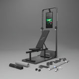 Compact fitness training machine with touchscreen console and adjustable foot platform