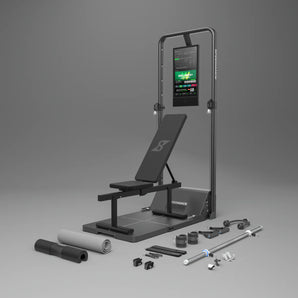 Compact fitness training machine with touchscreen console and adjustable foot platform